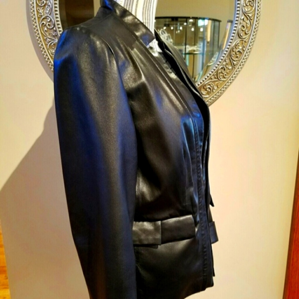 Calvin Klein Supple Black Leather Jacket Blazer with Pockets - Picture 3 of 8
